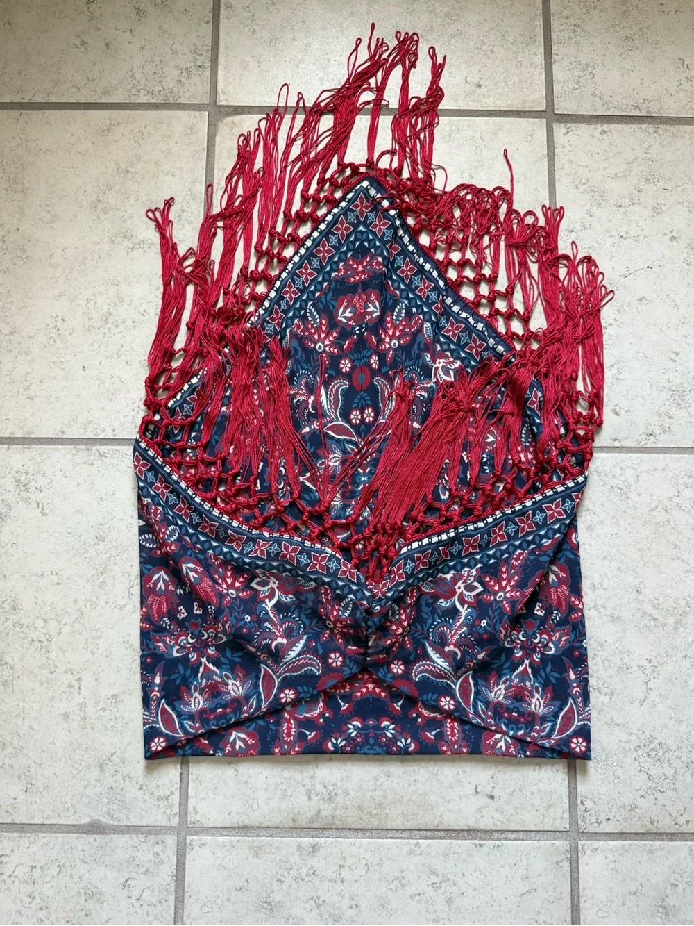 Boho Paisley Fringe Bandana Scarf in Navy and Red